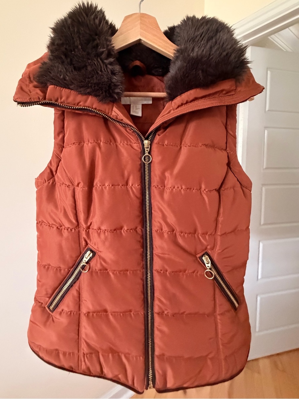 Rust Orange Quilted Puffer Vest with Faux Fur Trim